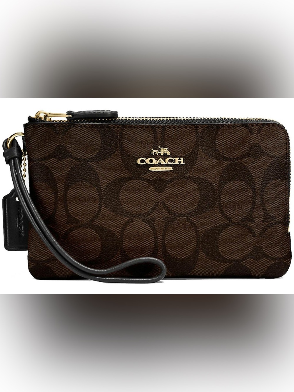 Coach Brown Signature Zip Wristlet with Gold Logo